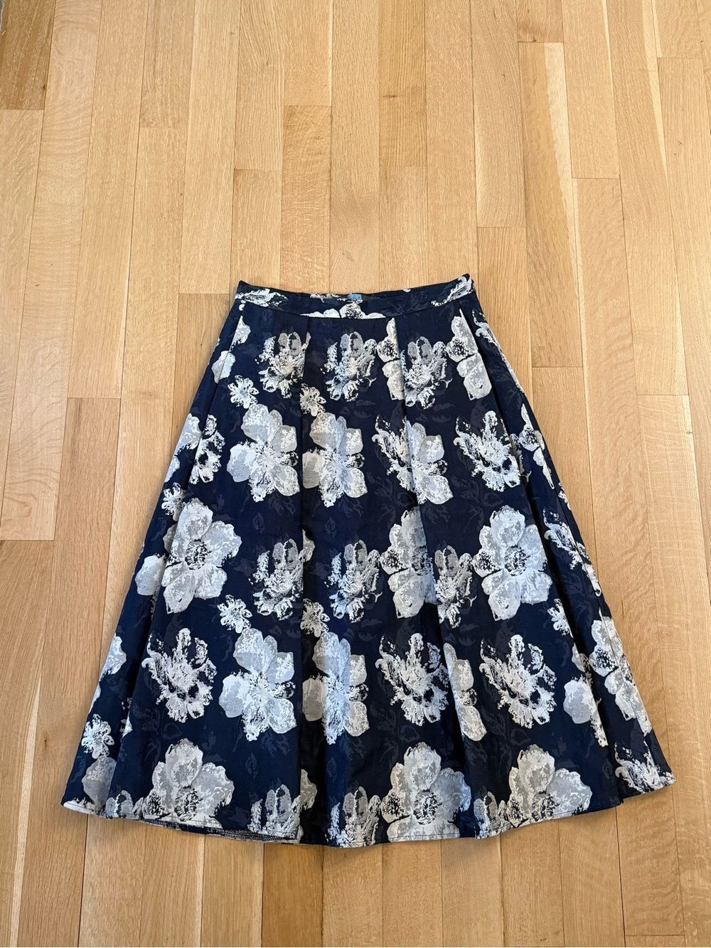 Eva Franco Navy A-Line Skirt with Silver Floral Brocade